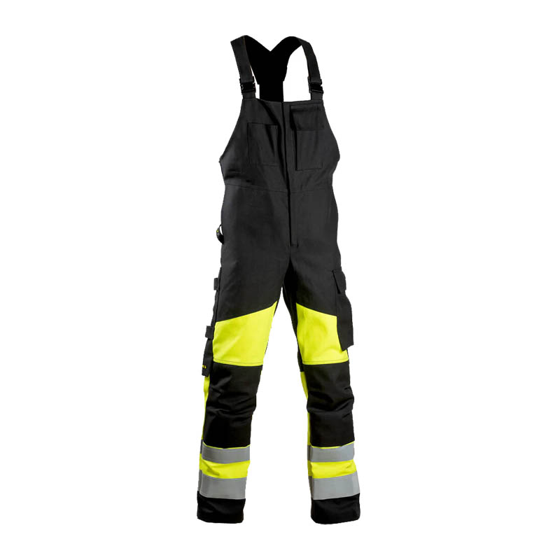 Warnschutz-Latzhose in Schwarz mit fluoreszierend gelben Beinpartien, Reflexstreifen und verstellbaren Trägern
