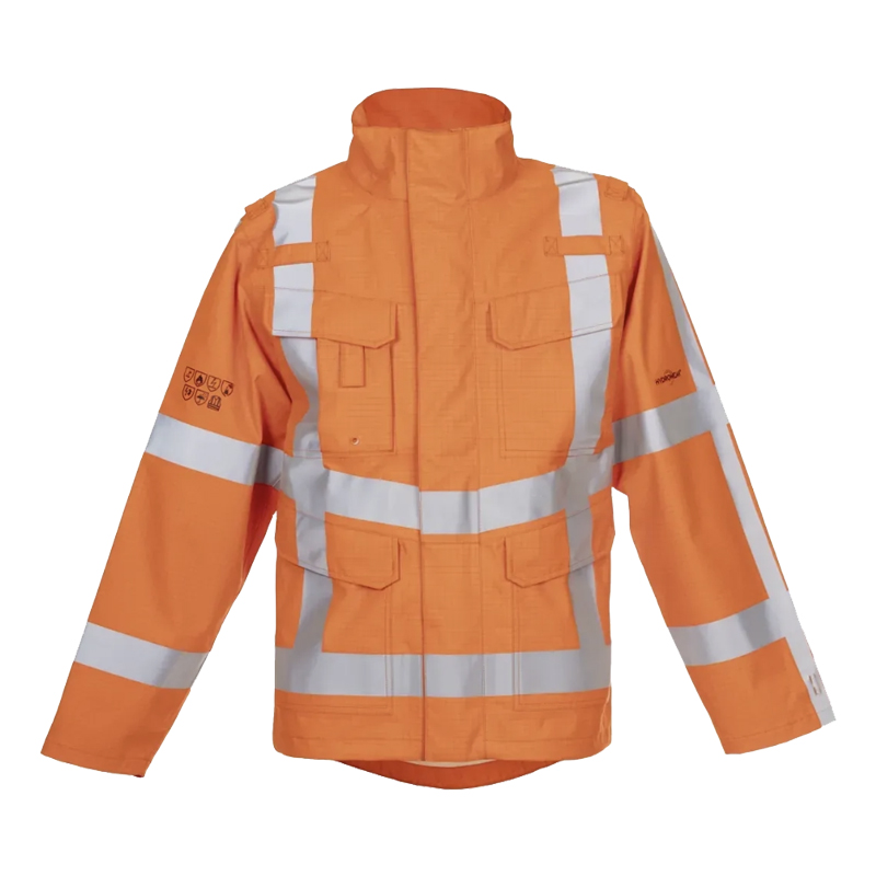 HydroWear Warnschutzjacke in leuchtendem Orange mit silbernen Reflexstreifen, Stehkragen und Fronttaschen, Frontansicht