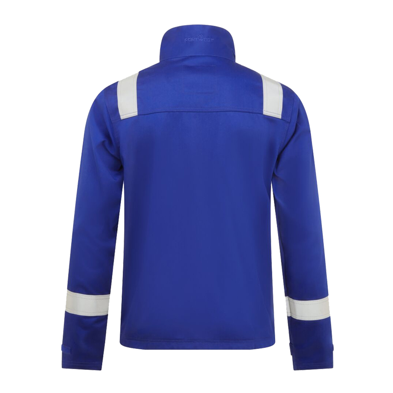 Rückenansicht einer blauen PortWest Arbeitsjacke mit silbernen Reflexstreifen an Schultern und Ärmeln