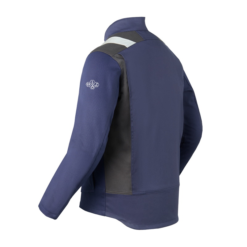Rückenansicht der HaVeP Force+ 50336 MultiNorm Schweisser Jacke Klasse 1 APC1 in Marineblau mit schwarzen Einsätzen und Reflexdetail am Kragen
