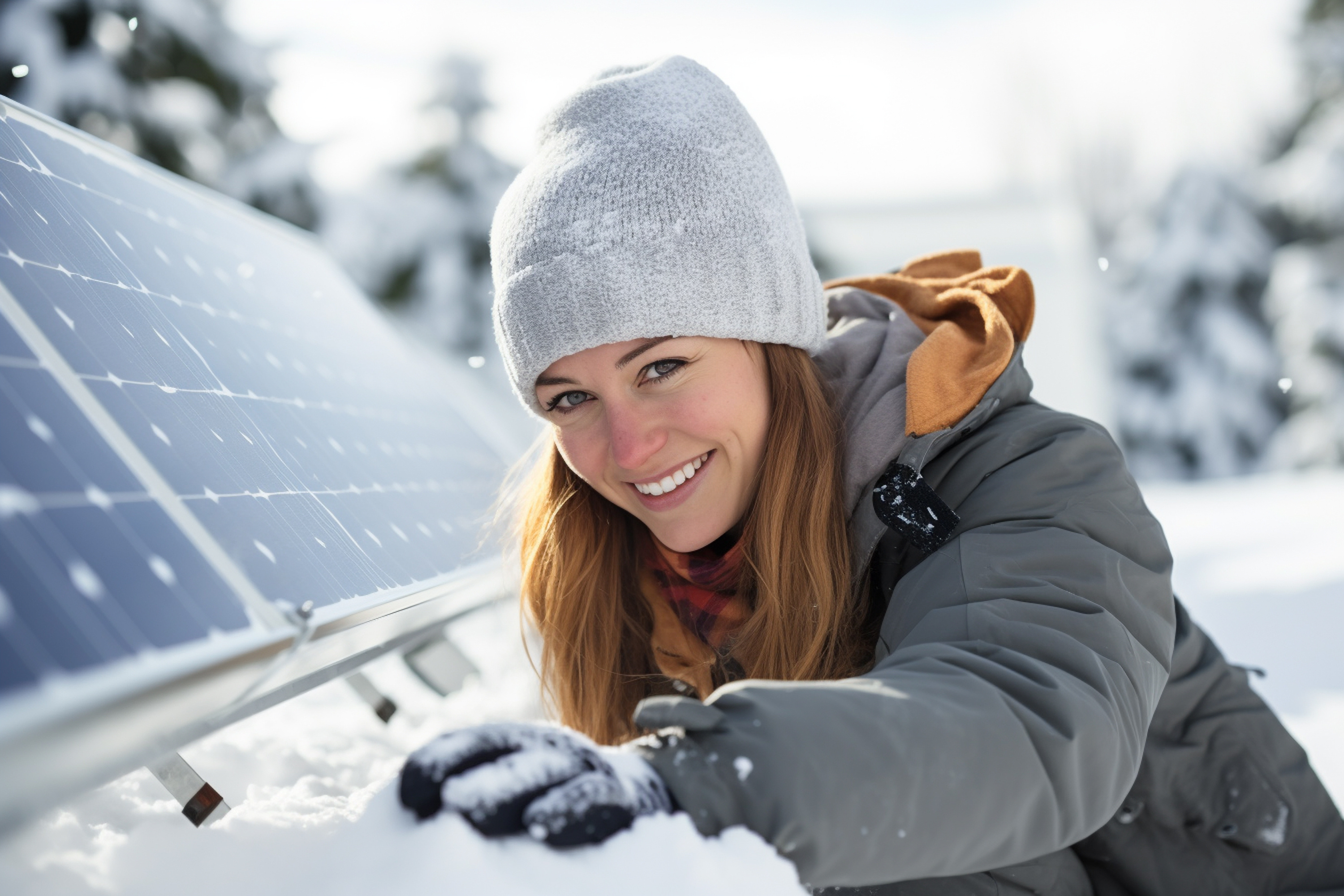 Lächelnde Frau mit Wintermütze säubert ein schneebedecktes Solarpanel im Freien – Symbol für effiziente Photovoltaik im Winter