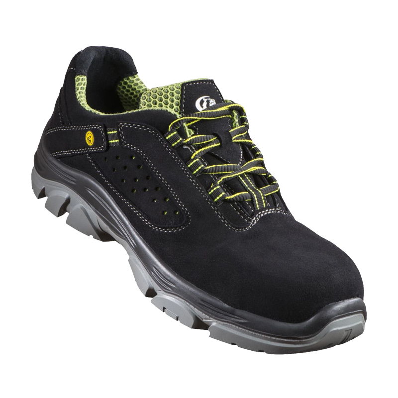 Stabilus Tim Low ESD S1P Sicherheitsschuh 6420AL, schwarzer Low-Shoe mit grünen Schnürsenkeln, rutschfester Sohle und leichtem, ergonomischem Design