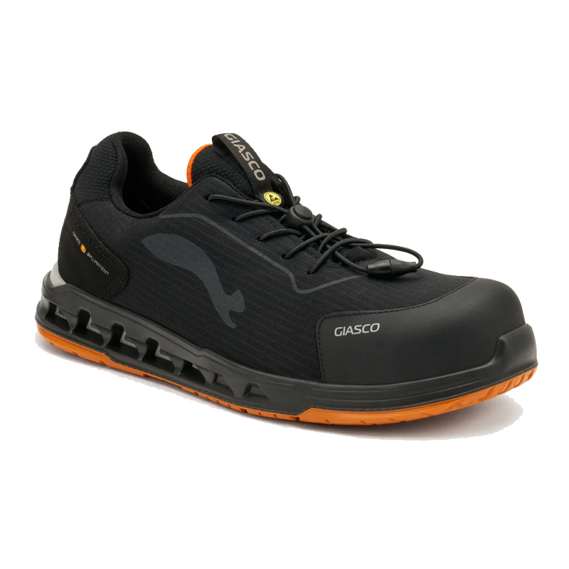 Giasco 3Cloud ESD Universe Sicherheitsschuh elastisch S3L von Giasco, schwarzer Arbeitsschuh mit orangefarbener Sohle in Seitenansicht