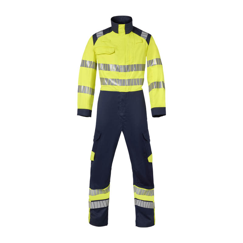 HaVeP Warnschutz-Overall in Gelb und Marineblau mit umlaufenden Reflexstreifen, Stehkragen und praktischen Taschen für hohe Sichtbarkeit bei der Arbeit