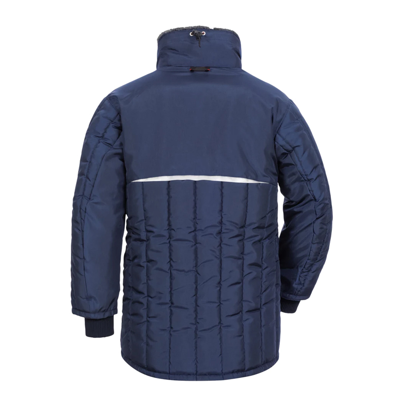 Rückansicht der TEMPEX CLASSIC 2.0 Damen Kommissionierer Gefrierhaus Jacke von HB Protective Wear, navy, mit Stehkragen und Reflexstreifen für Kälteschutz bis -49 °C