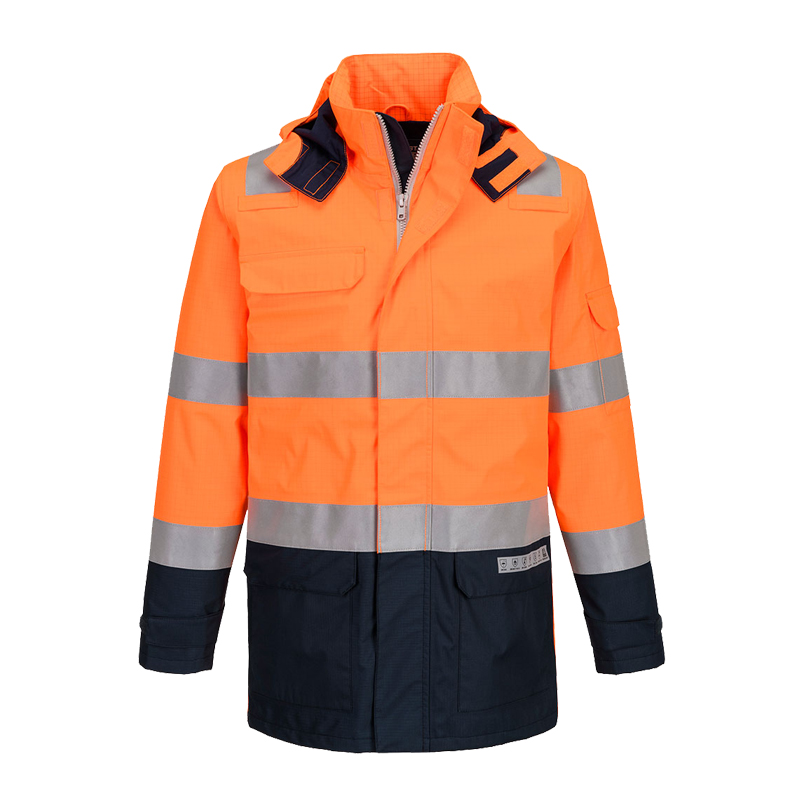 PortWest Warnschutzjacke in Orange und Navy, Arbeitsjacke mit Reflexstreifen, Kapuze und Frontansicht
