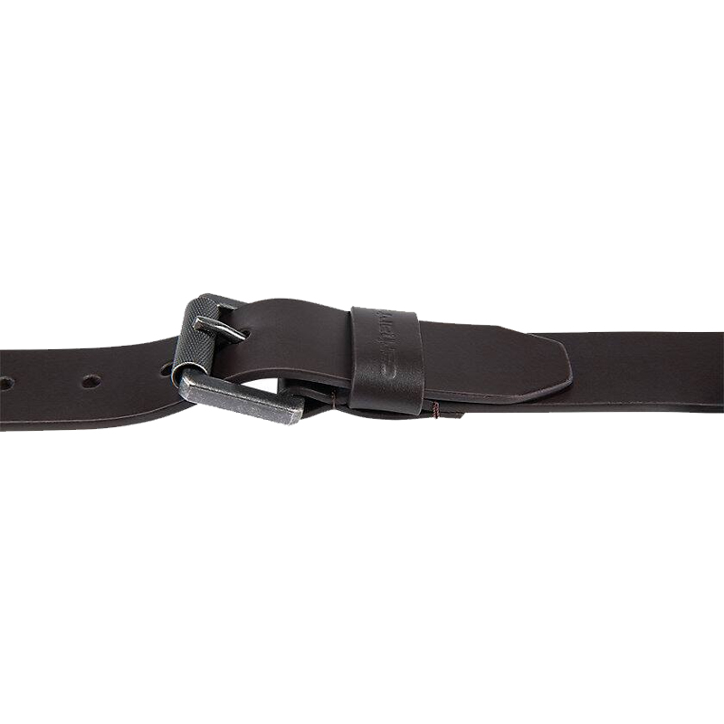 Carhartt Leder Gürtel mit Rollschnalle aus robustem Zaumzeugleder, dunkelbraun, Detailansicht der Metallschnalle