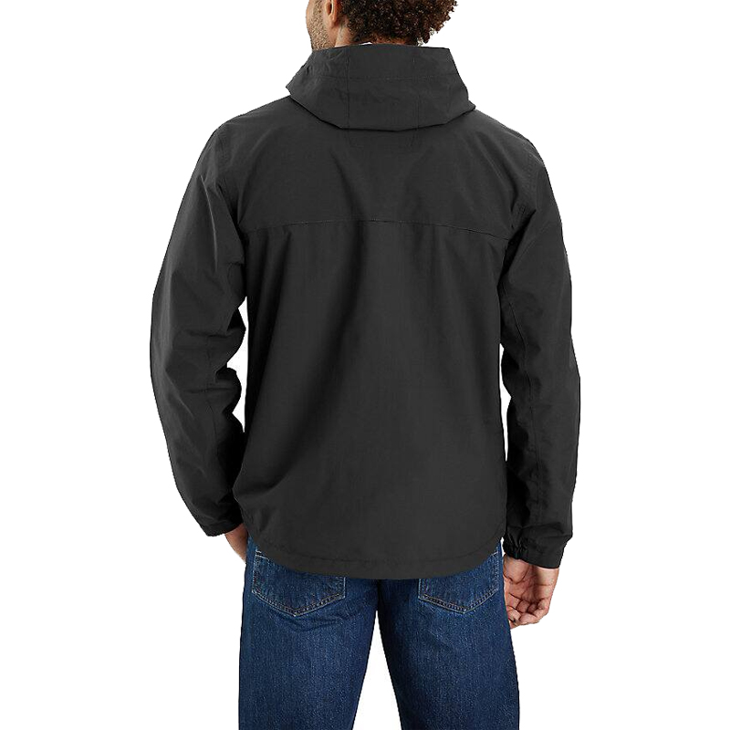 Herren trägt die Carhartt 105751 Monterey leichte Wetterschutz-Jacke mit Kapuze in Schwarz, wasserdicht, Rückansicht