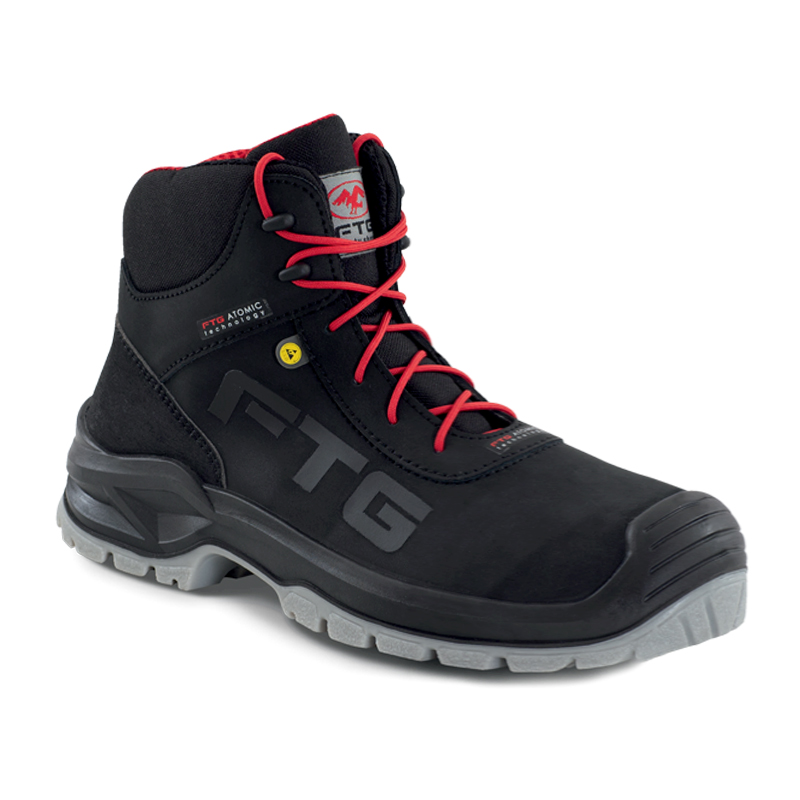 FTG Gladiator S3S ESD Sicherheitsstiefel metallfrei aus schwarzem, wasserabweisendem Nubukleder mit roter Schnürung und robuster Sohle