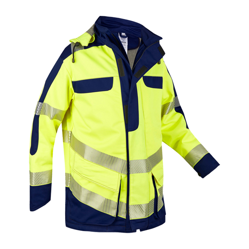 Rofa Warnschutzjacke in Neon gelb und Marineblau mit Reflexstreifen, Frontansicht einer wetterfesten Arbeitsjacke mit Reißverschluss und Taschen