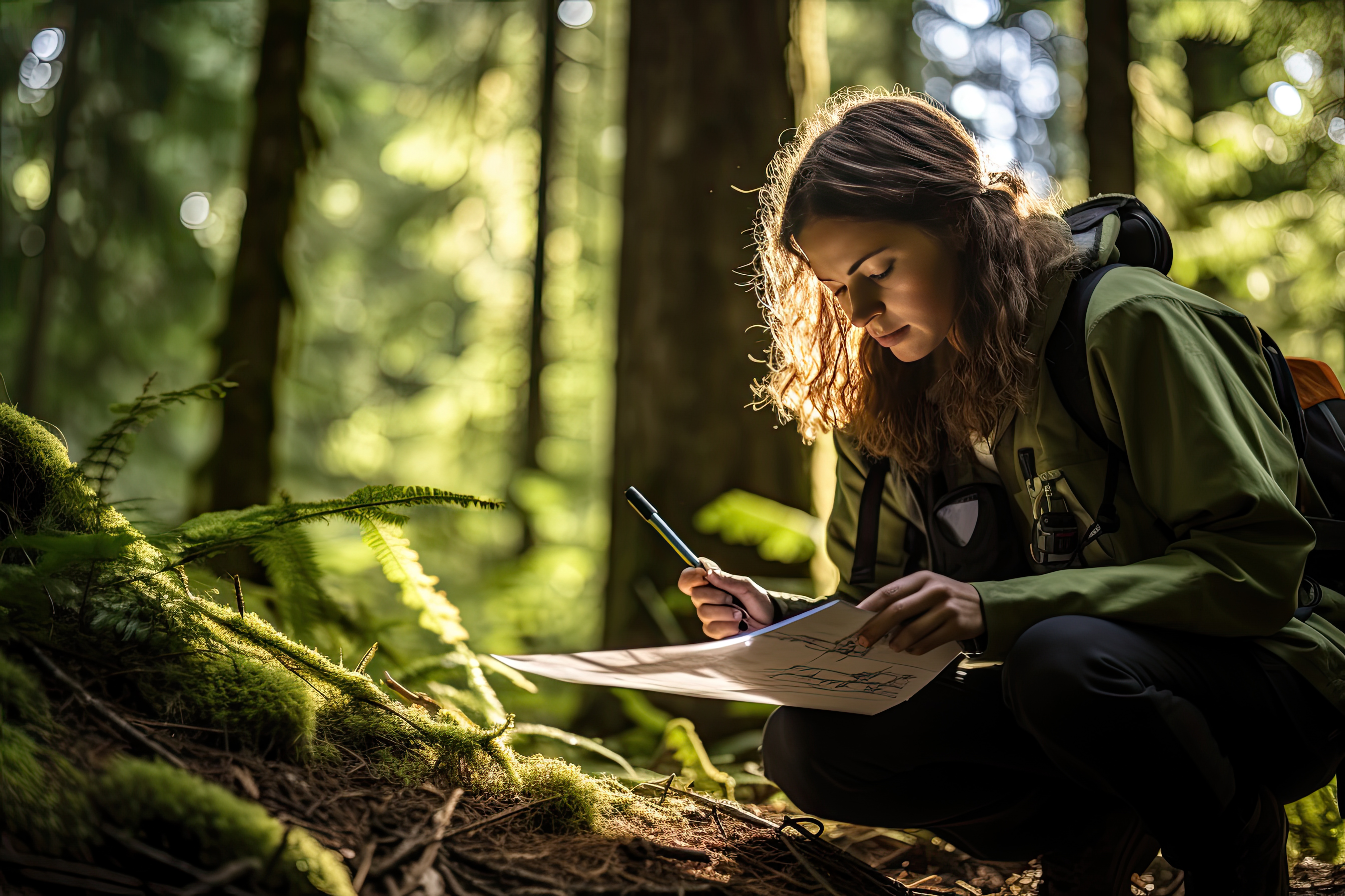 Junge Frau mit Rucksack und grüner Outdoor-Jacke kniet im Wald und studiert eine Karte – stimmungsvolles Bild für Wandern, Trekking und Navigation