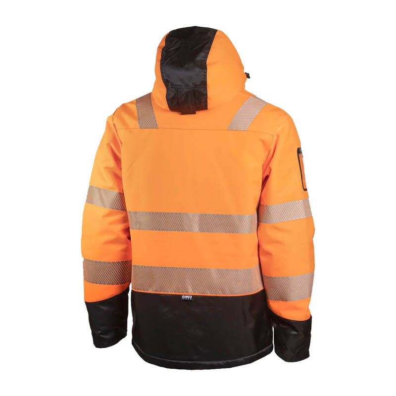 Rückansicht der Dimex 6151R Winter Warnschutz Shell Jacke mit Kapuze Klasse 2 in Orange und Schwarz mit Reflexstreifen
