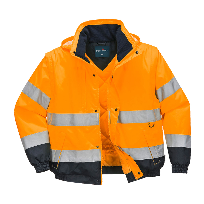 PortWest Warnschutzjacke in leuchtendem Orange mit silbernen Reflexstreifen und dunklen Kontrasteinsätzen, Frontansicht einer Arbeitsjacke