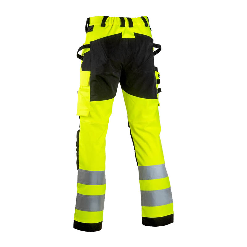 Rückansicht der Dimex 6154Y Warnschutz Stretch Hose mit viel Funktion Klasse 2 in Gelb-Schwarz mit Reflexstreifen, Stretch-Einsätzen und Werkzeugtaschen