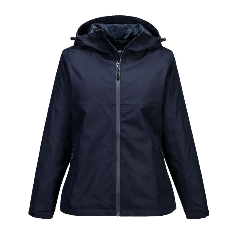 PortWest Damenjacke in Dunkelblau mit Kapuze und Reißverschluss, leichte wetterfeste Outdoor- und Arbeitsjacke in Frontansicht