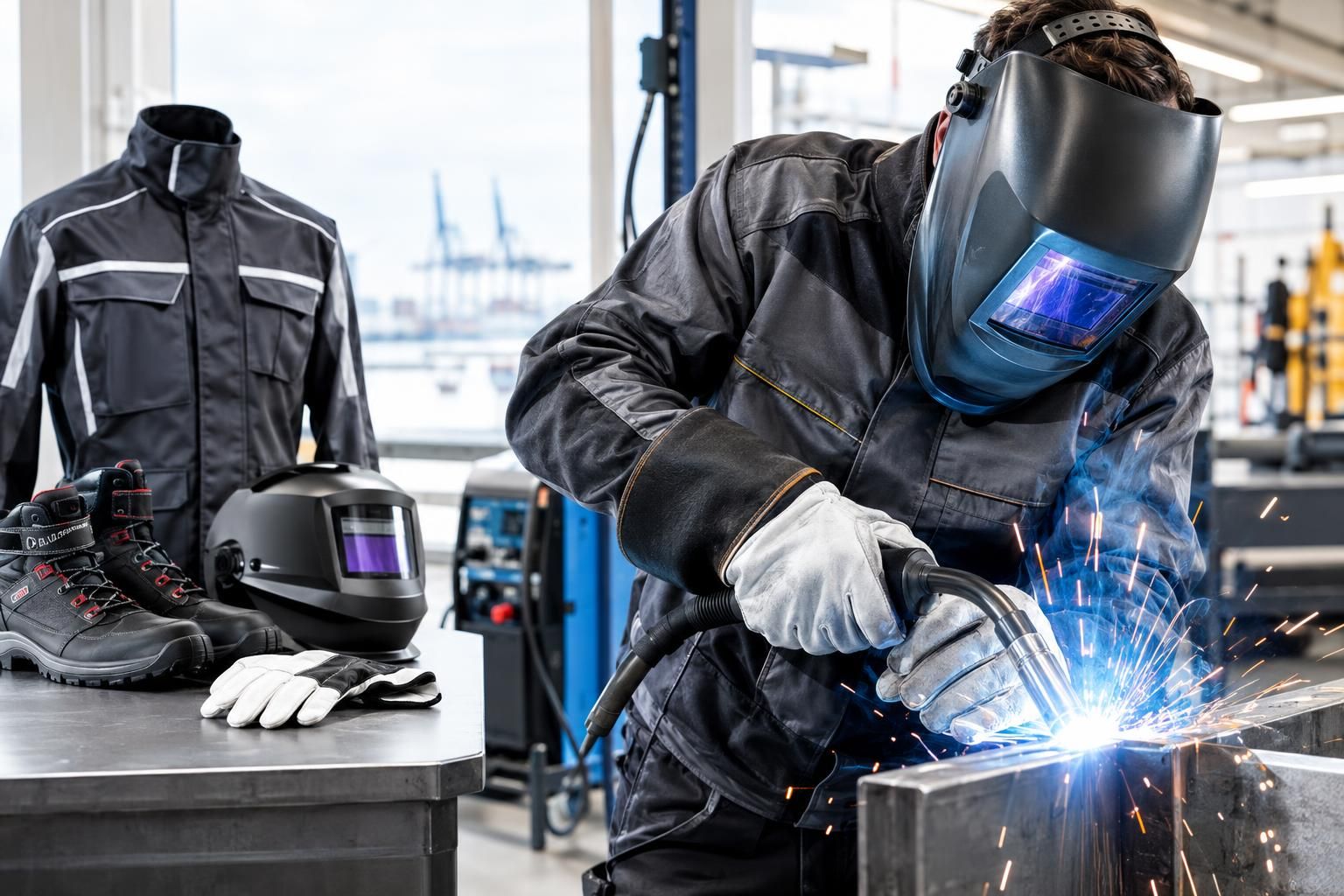 Schweißer arbeitet mit Schweißgerät an Metall, daneben Schutzjacke, Schweißhelm, Handschuhe und Sicherheitsschuhe als Arbeitskleidung