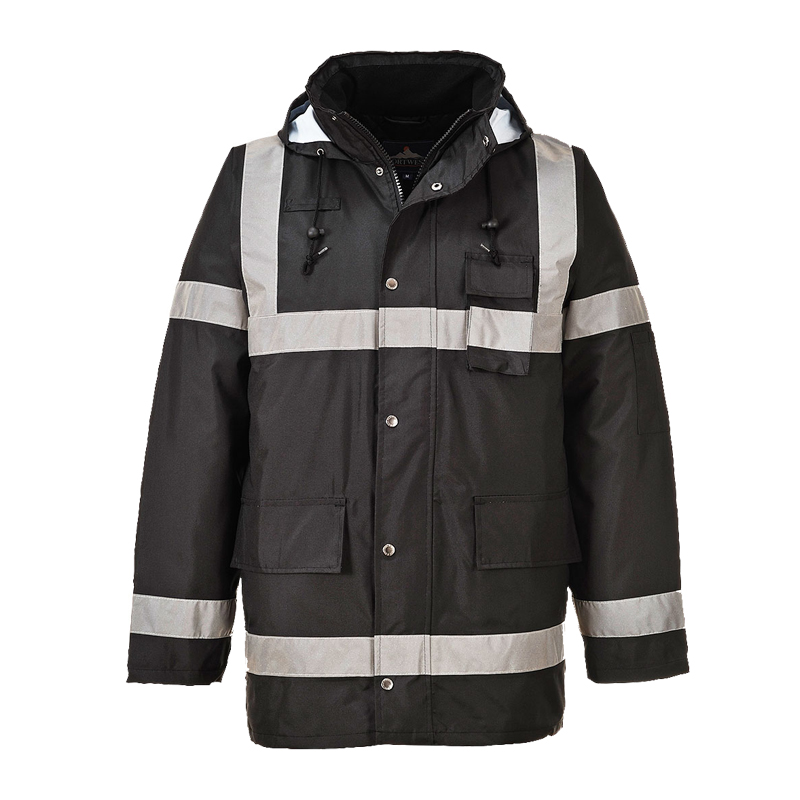 PortWest Warnschutzjacke in Schwarz mit silbernen Reflexstreifen, Kapuze und mehreren Taschen für hohe Sichtbarkeit bei der Arbeit