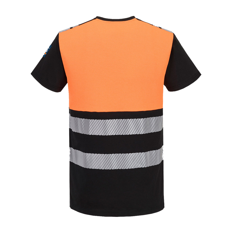 Rückansicht des PortWest FR776 flammhemmenden Warnschutz-T-Shirts, kurzarm, Klasse 1, in Orange-Schwarz mit Reflexstreifen