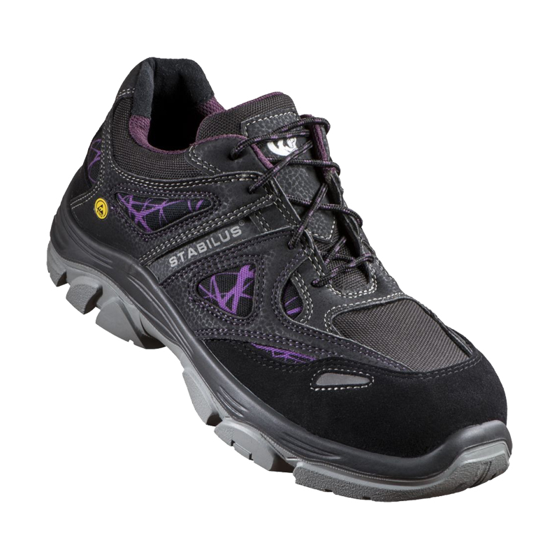 Stabilus Dana Low ESD Damen S1 Sicherheitsschuh 6830A, schwarzer Arbeitsschuh mit violetten Details, sportlichem Low-Design und robuster Sohle