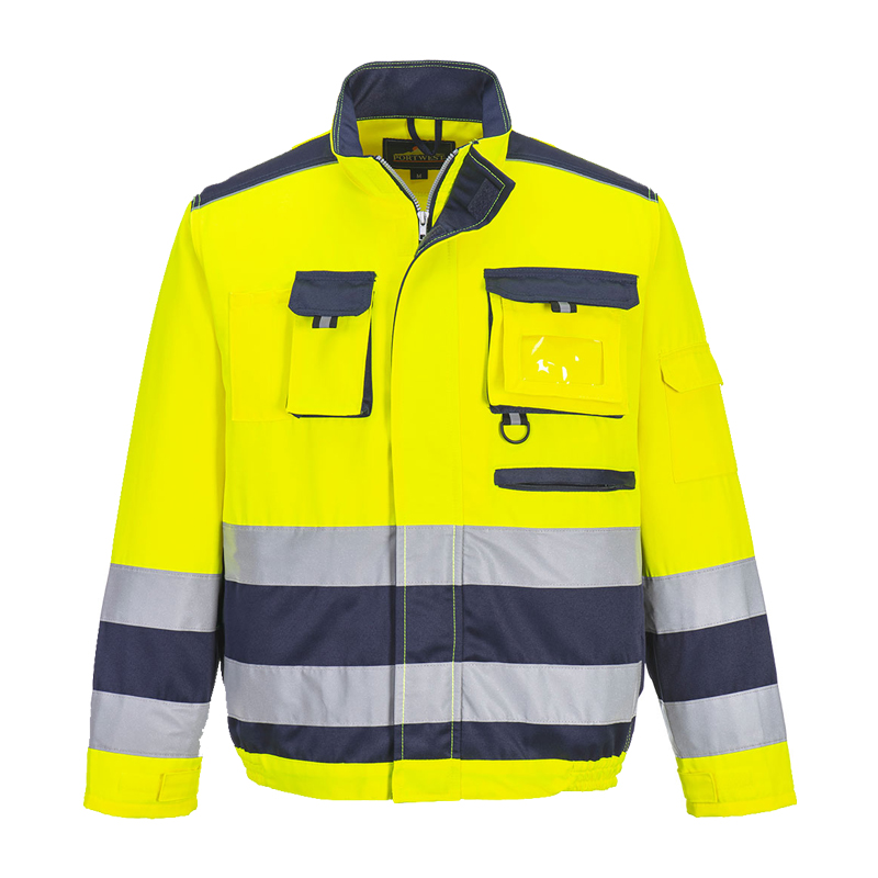 PortWest TX50 Lille Warnschutz-Pilotjacke Klasse 3 in Gelb/Marine, zweifarbig mit Reflexstreifen, Frontansicht mit mehreren Taschen