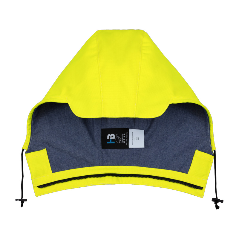 Gelbe HB MultiPro MultiNorm Warnschutz Kapuze 4 kA + 7 kA APC2 von HB Protective Wear, Innenansicht mit Reißverschluss und Kordelzug