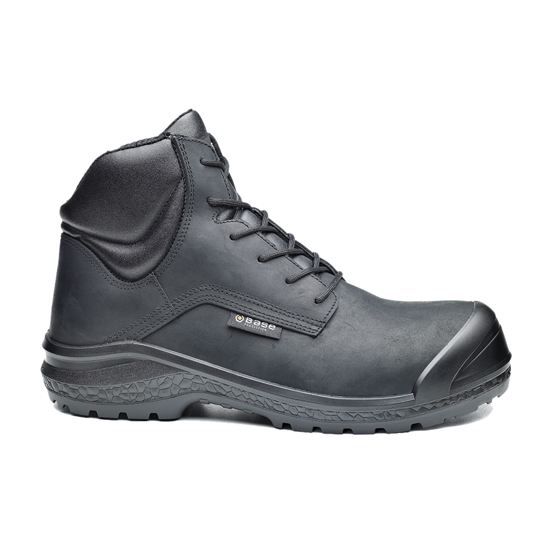 BASE Be-Jetty Top S3 Sicherheitsstiefel B0883B metallfrei, schwarzer Arbeitsstiefel mit hohem Schaft, Schutzkappe und rutschfester Sohle in Seitenansicht