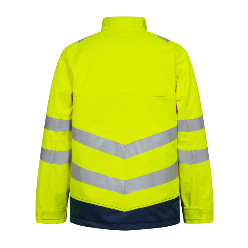 Rückansicht einer Engel Warnschutzjacke in Neon-Gelb mit silbernen Reflexstreifen und dunkelblauem Saum