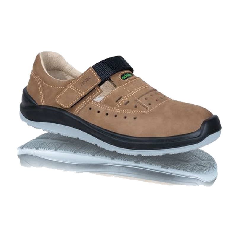SCHÜTZE 7772 ESD S1 Sicherheitssandale mit Lederinnenfutter, beige aus hydrophobiertem Nubukleder mit Klettverschluss, Stahlkappe und rutschhemmender Sohle