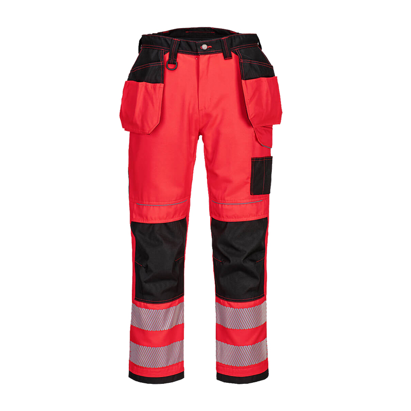 PortWest Warnschutzhose in Rot-Schwarz mit Reflexstreifen, verstärkten Kniepartien und praktischen Seitentaschen für Arbeit und Sicherheit