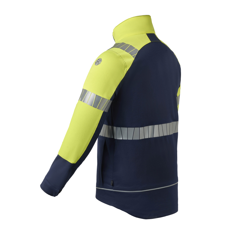 Rückansicht einer HaVeP Warnschutzjacke in Gelb und Marineblau mit langen Ärmeln, Stehkragen und umlaufenden Reflexstreifen für hohe Sichtbarkeit