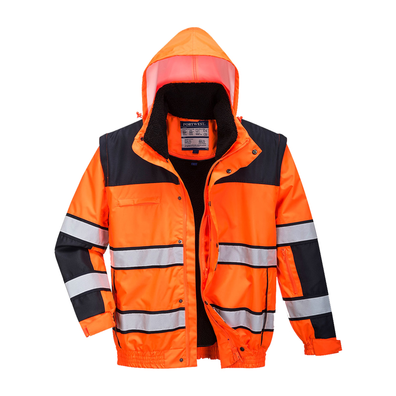 PortWest Warnschutzjacke in leuchtendem Orange mit Kapuze, dunklen Kontrasteinsätzen, Innenfutter und umlaufenden Reflexstreifen