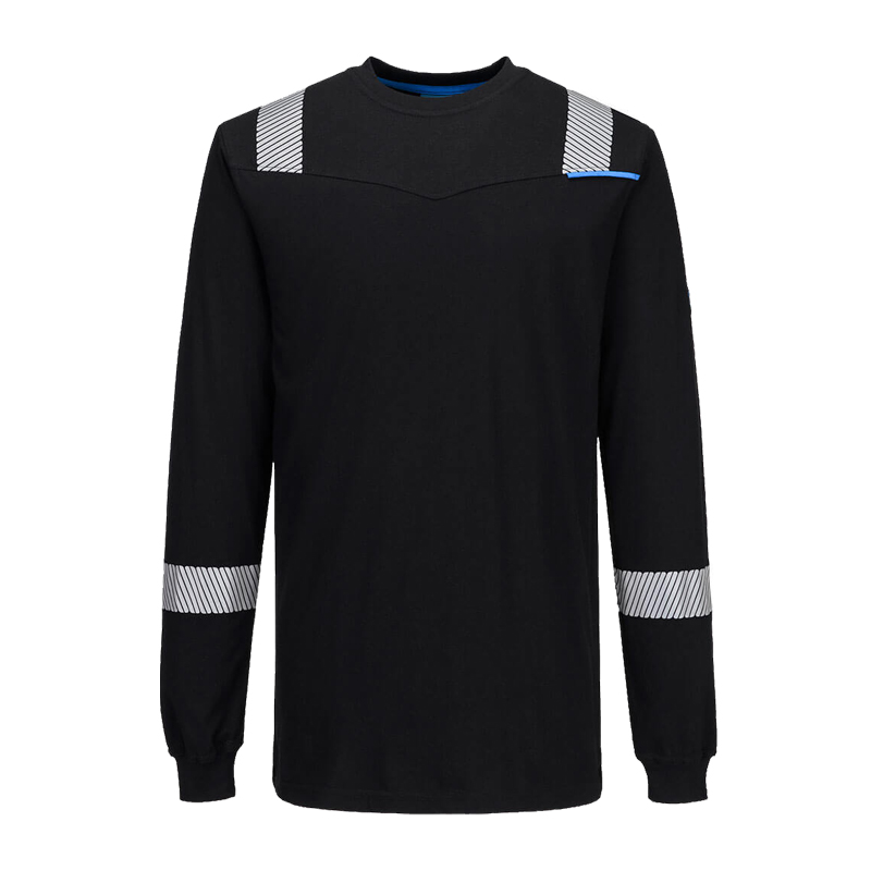 PortWest Langarm-Arbeitsshirt in Schwarz mit reflektierenden Streifen an Schultern und Ärmeln sowie blauem Akzent