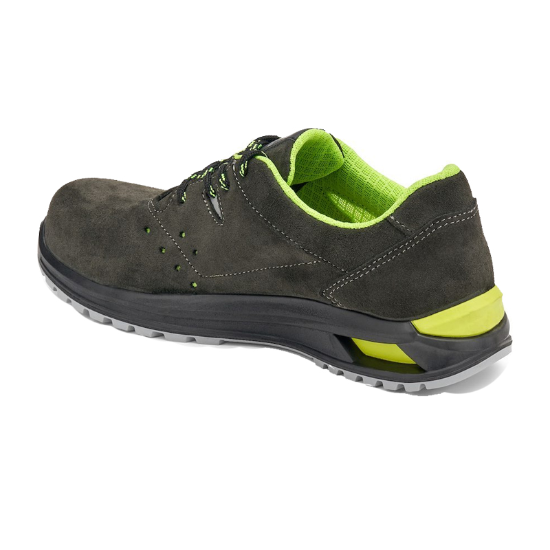 Giasco 3Hybrid ESD Panarea S1PL Sicherheitsschuh aus grauem Veloursleder, metallfrei, mit ESD-Ausstattung, 3HYBRID-Sohle und stark dämpfendem Fersenbereich in Schwarz-Neongrün