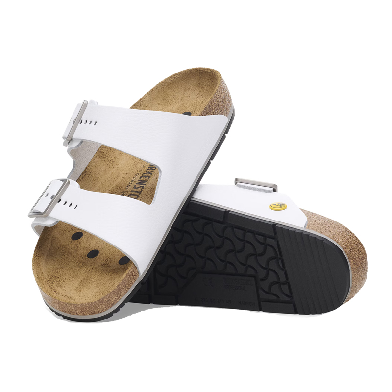 Birkenstock Pantolette in Weiß mit zwei verstellbaren Riemen, anatomischem Kork-Latex-Fußbett und schwarzer Laufsohle