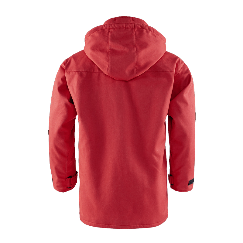 Rote BSD Jacke mit Kapuze in Rückansicht, funktionelle Outdoor- und Freizeitjacke mit langen Ärmeln und verstellbaren Bündchen