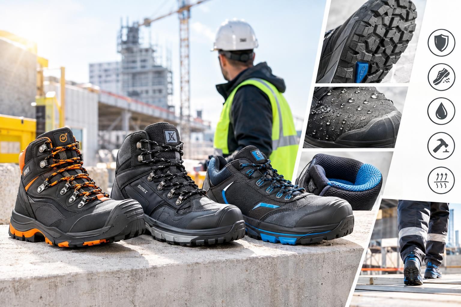 Drei robuste Sicherheitsschuhe auf einer Baustelle, wasserdicht, rutschfest und mit Schutzkappe, geeignet für anspruchsvolle Arbeitseinsätze