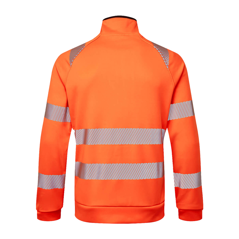 Rückenansicht eines orangefarbenen PortWest Warnschutz-Sweatshirts mit umlaufenden Reflexstreifen an Schultern, Armen und Rumpf