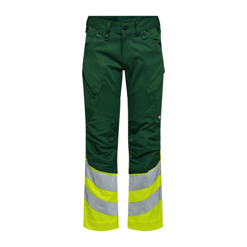Engel Warnschutzhose in Grün mit fluoreszierend gelben Beinabschlüssen und silbernen Reflexstreifen, robuste Arbeitshose für hohe Sichtbarkeit