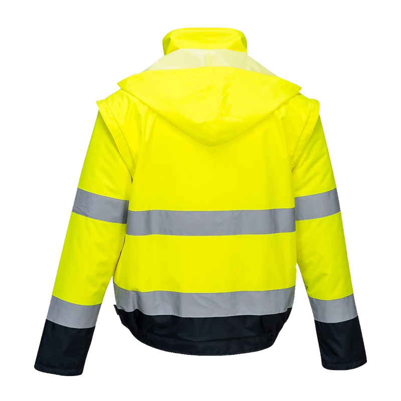 Rückansicht einer PortWest Warnschutzjacke in Gelb und Marineblau mit Kapuze und silbernen Reflexstreifen