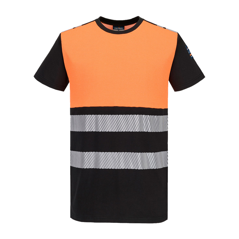 PortWest FR776 kurzarm Warnschutz-T-Shirt, flammhemmend, Klasse 1, in Orange/Schwarz mit Reflexstreifen, Frontansicht
