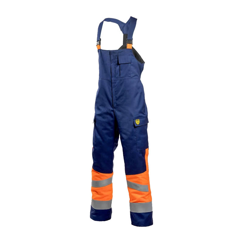 Dimex 6005B MultiNorm Winter Latzhose, gefüttert, Warnschutz Klasse 1, blaue Latzhose mit orangefarbenen Beinen und Reflexstreifen für winterliche Arbeitseinsätze