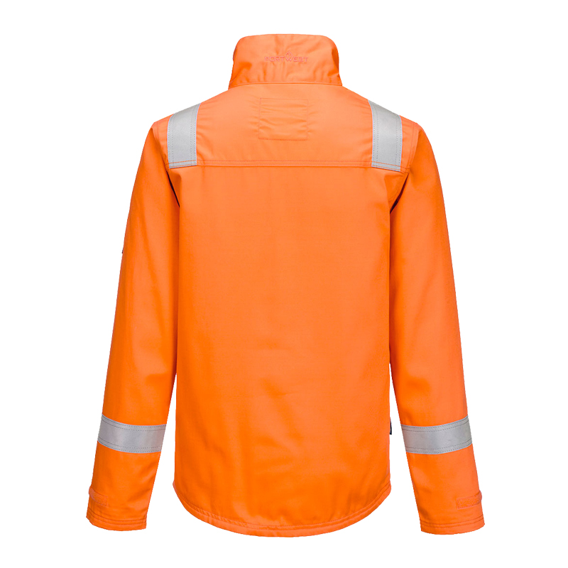 Rückansicht einer orangefarbenen PortWest Warnschutzjacke mit langen Ärmeln und silbernen Reflexstreifen an Schultern und Ärmeln
