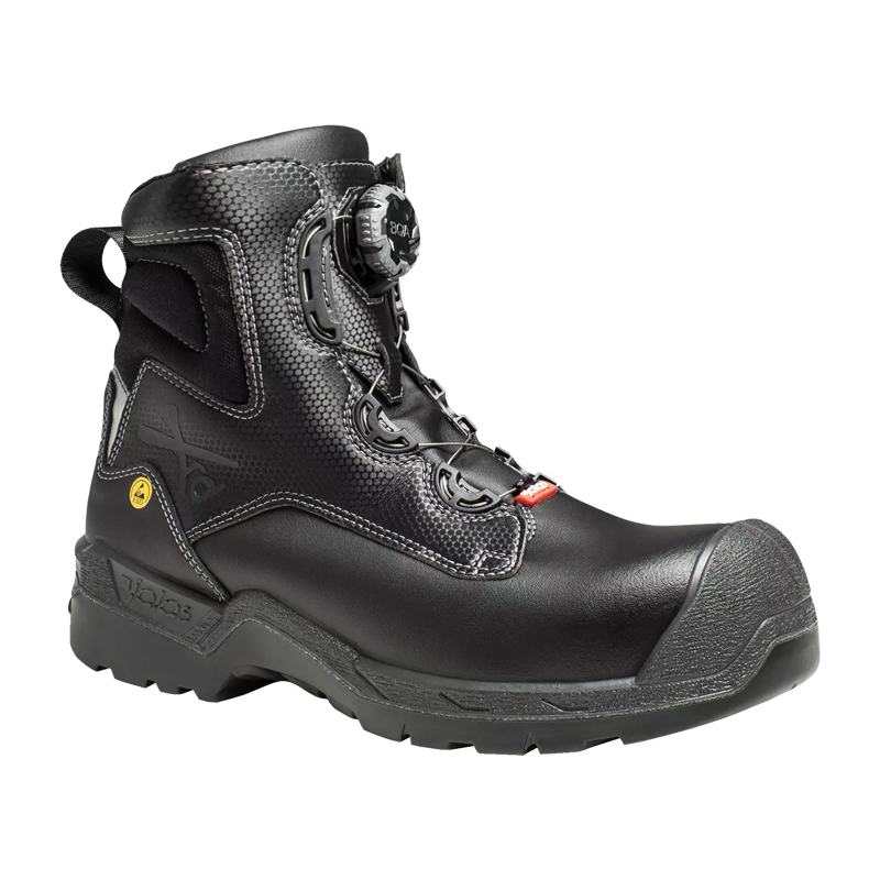 Schwarzer Ejendals Sicherheitsstiefel mit BOA-Drehverschluss, hoher Schaftform, robuster Zehenschutzkappe und rutschfester Profilsohle.