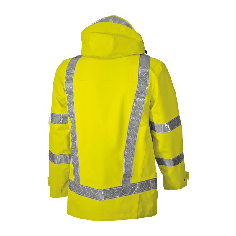 Rückansicht der BP 2120 Warnschutz Wetterschutz Jacke lang Klasse 3 von BP Bierbaum Proenen in Gelb mit Reflexstreifen und Kapuze