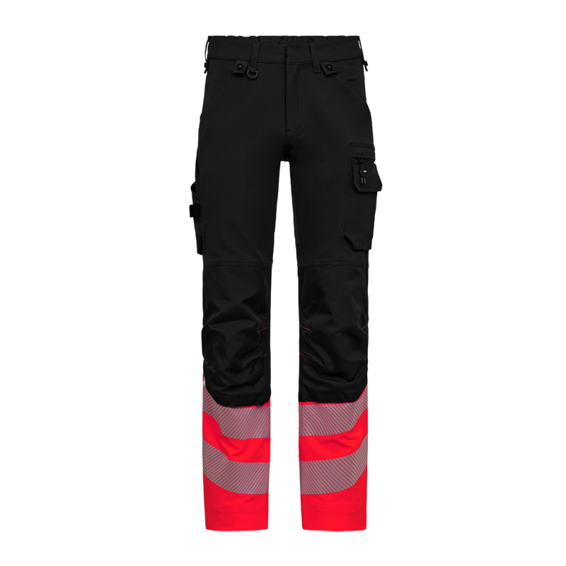 ENGEL Safety Stretch Warnschutz Hose Klasse 1 | 2346-124, schwarze Arbeitshose mit roten Beinabschlüssen, Reflexstreifen und Seitentaschen