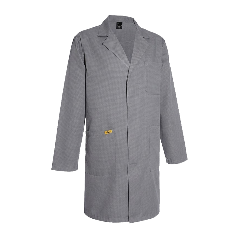 Grauer karierter Mimoza ESD Herren Mantel mit langen Ärmeln und Taschen für EPA-Bereiche, ableitfähig 10⁵ bis 10⁷ Ohm nach EN 61340
