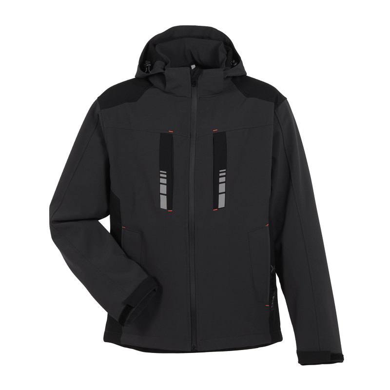 Planam Moto Softshelljacke mit Kapuze in Schwarz-Anthrazit, robuste Arbeitsjacke mit Reißverschluss und reflektierenden Details, Vorderansicht
