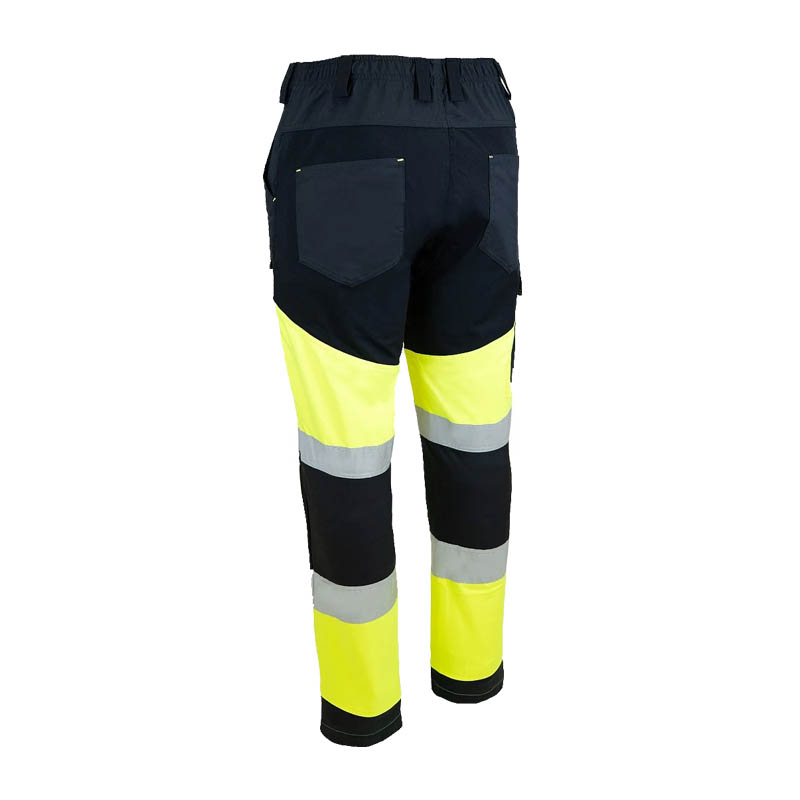 Rückansicht der Dimex 6077 Warnschutz SuperStretch Hose Klasse 1 von Dimex in Gelb/Schwarz mit Reflexstreifen und flexiblem Stretchmaterial für komfortable Arbeitseinsätze