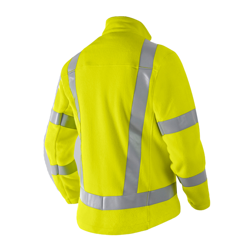 Rückansicht der BP 2225 Warnschutz MultiNorm Fleece Jacke 4 kA APC1 von BP Bierbaum Proenen in Warngelb mit Reflexstreifen, Hi-Vis Klasse 3, flammschutz- und antistatisch