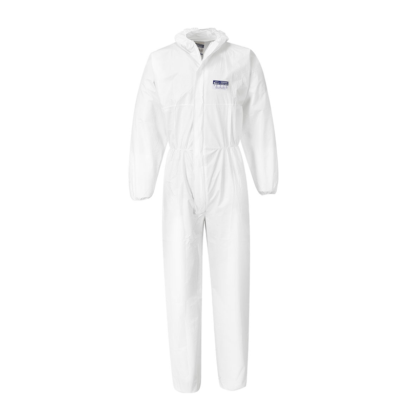 Weißer PortWest ST40 mikroporöser Chemikalienschutz-Overall Typ 5 + 6 antistatisch mit Kapuze, elastischen Bündchen und Reißverschluss im 10er Pack